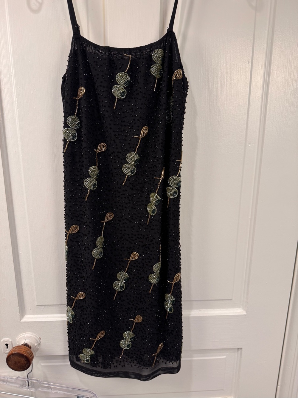 Bloomingdale's Black Beaded Mini Dress with Green and Gold Embroidery
